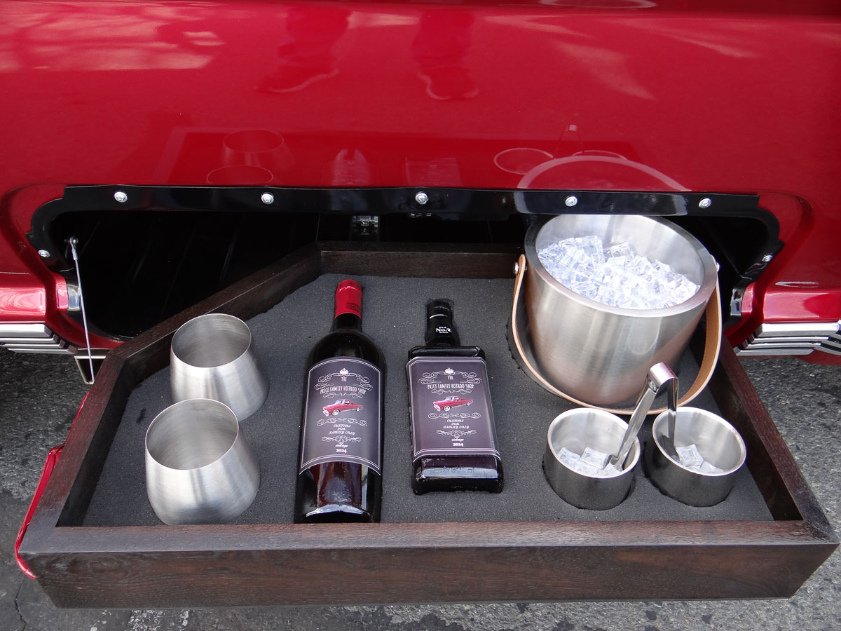 Close-up of the factory bedside toolbox transformed into “Ben’s Bar,” a custom portable bar. Close-up of the factory bedside toolbox transformed into “Ben’s Bar,” a custom portable bar.
