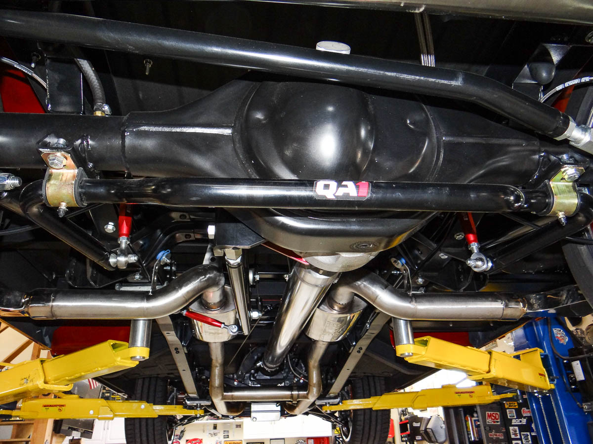 Underbody shot of Ginger’s QA1 rear suspension and Moser-built Ford 9-inch rearend with TruTrac locker. Underbody shot of Ginger’s QA1 rear suspension and Moser-built Ford 9-inch rearend with TruTrac locker.