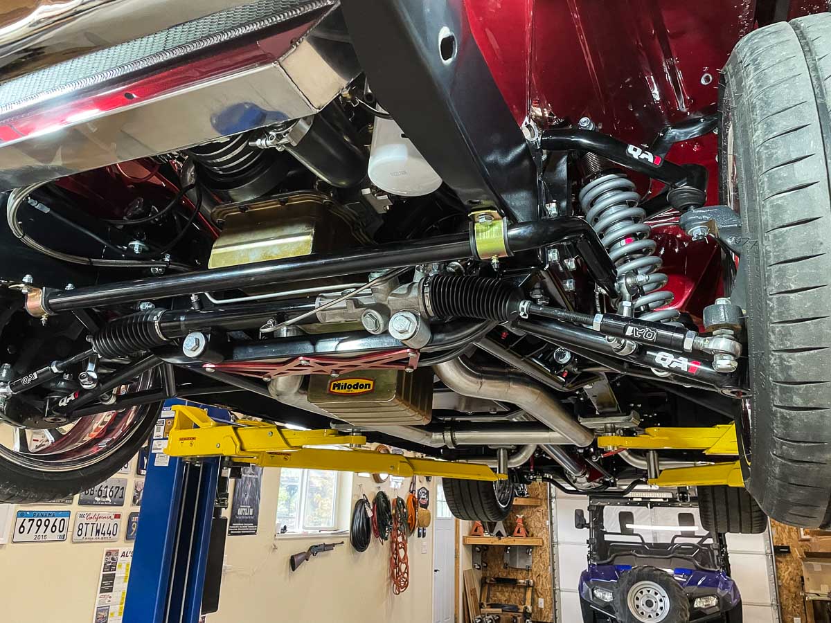 Detail shot of the QA1 sway bar and boxed frame under the front suspension. Detail shot of the QA1 sway bar and boxed frame under the front suspension.