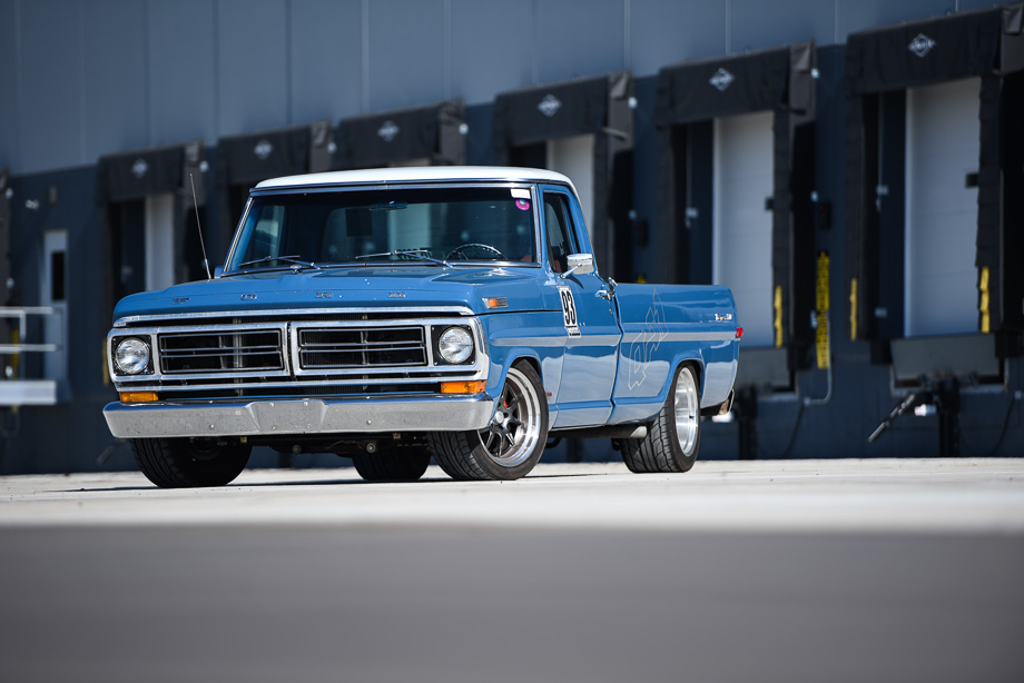 18x12 Rocket Racing wheels and Nitto tires on the 1972 Ford F100 ensure a perfect grip and aggressive stance for performance driving. 18x12 Rocket Racing wheels and Nitto tires on the 1972 Ford F100 ensure a perfect grip and aggressive stance for performance driving.