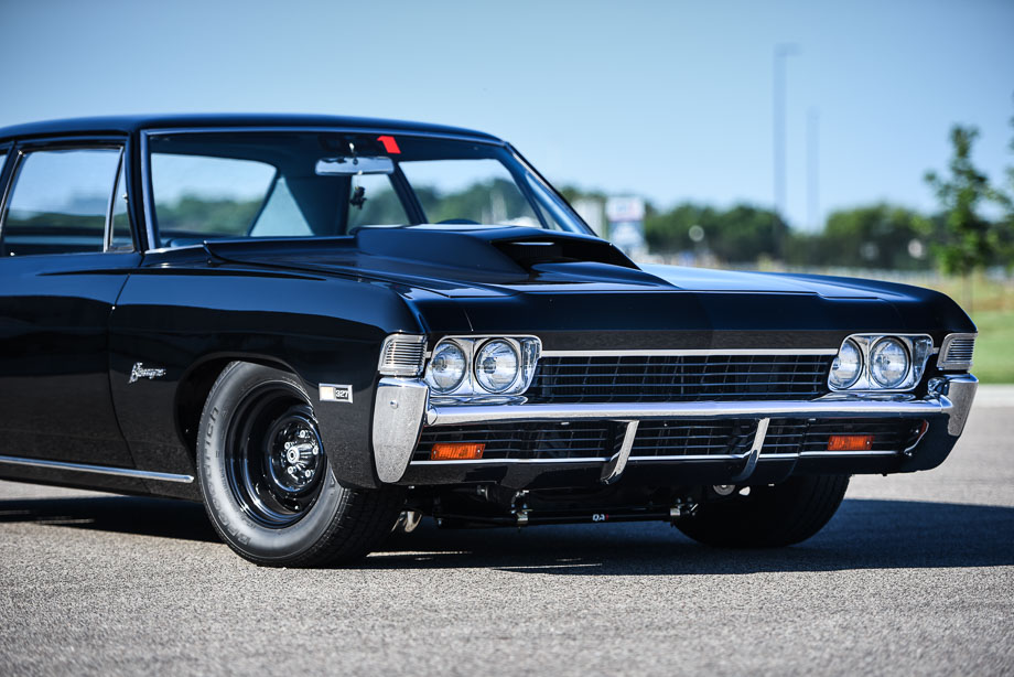 The front end of a black 1968 Chevrolet Biscayne with big block Chevy power and QA1 suspension. The front end of a black 1968 Chevrolet Biscayne with big block Chevy power and QA1 suspension.