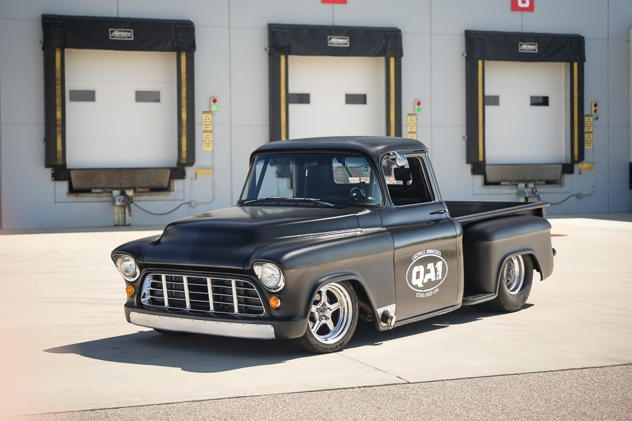 Front view of Rob McPherson’s 1956 Chevy pickup in black epoxy primer finish. Front view of Rob McPherson’s 1956 Chevy pickup in black epoxy primer finish.