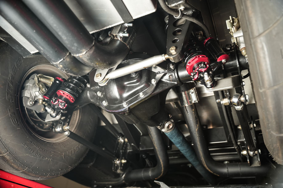 Rear angle showing the custom 4-link suspension and Watts link on the 1956 Chevy truck. Rear angle showing the custom 4-link suspension and Watts link on the 1956 Chevy truck.