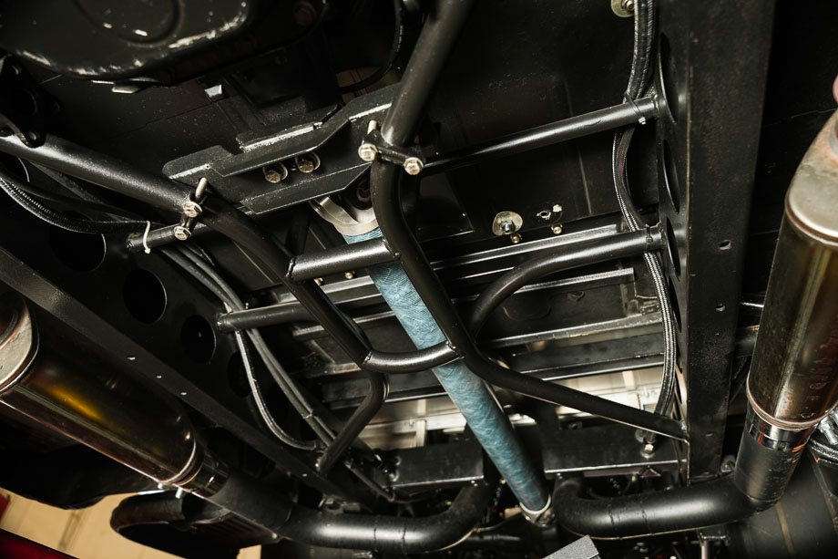 QA1 carbon fiber driveshaft installed in the modified 1956 Chevy 3100. QA1 carbon fiber driveshaft installed in the modified 1956 Chevy 3100.